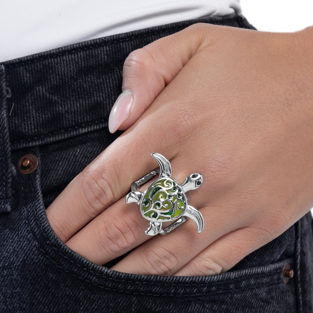Silver Turtle Ring with Green Accents By Paparazzi